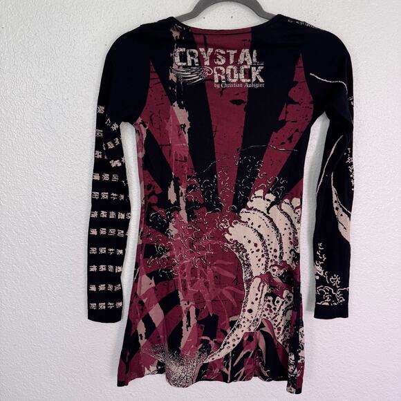 Christian Audigier Crystal Rock Shirt Women XS Y2K Tuni Tsunami Rhinestone Tunic - Picture 2 of 11
